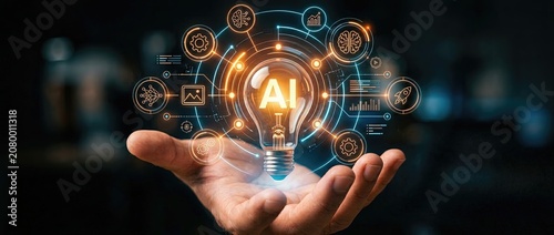 A luminous light bulb featuring ai graphics that symbolize concepts of artificial intelligence and data analysis held in a hand against a contrasting dark backdrop
