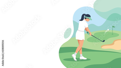 Photos Woman wearing VR headset practicing golf putting on green in stylized illustration