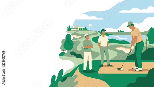 Tableau sur toile Two men practicing putting on a sunny golf course green landscape