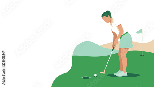 Photos Female golfer putting on a green in minimalist illustration.