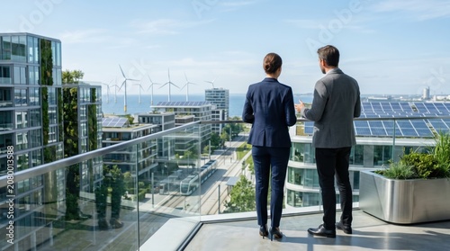 Couple viewing futuristic smart city skyline with offshore wind farms and solar panels on buildings