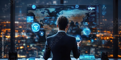 Businessman standing in front of a large transparent holographic world map and data display, holding a device, overlooking a glowing city skyline at night, focused and determined