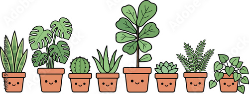 Fotografía Collection of houseplant illustrations with happy faces displayed in terracotta pots against a white background for interior decor