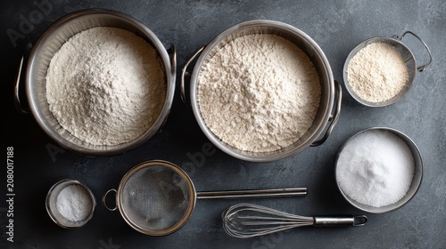 Assortment of Baking Ingredients in Silver Bowls and Tools on Dark Kitchen Countertop