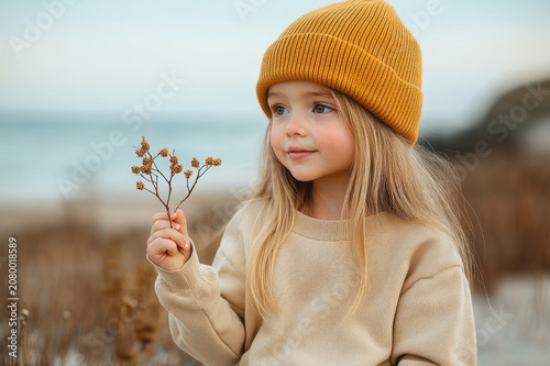 young child in mustard knit beanie and beige sweater holding a dried wildflower by a calm shoreline, quiet and contemplative mood