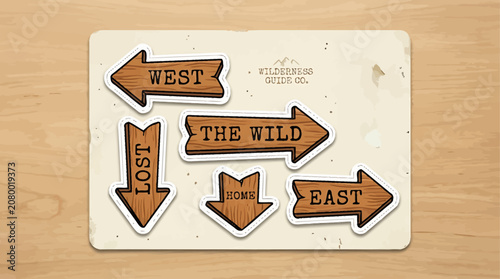 Directional Signs on Wood Texture: Five wooden arrow signs with words like West, The Wild, Lost, Home, and East are arranged on a vintage-style board with a wood grain background.