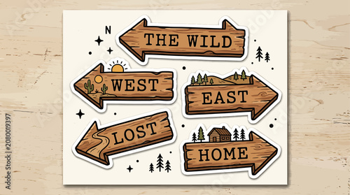 Wooden Directional Signs: A collection of rustic wooden signs pointing in different directions, labeled The Wild, West, East, Lost, and Home, illustrating choices and journeys.
