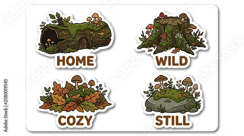 Four Elements of Nature: A whimsical collection of illustrated nature scenes, featuring a hollow log, tree stump, fallen leaves, and mossy rock, each adorned with mushrooms and representing 'Home'.