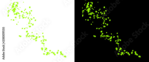 Glowing green fireflies trail on black and white backgrounds, magical bioluminescent light particles, floating neon sparks and bokeh dots