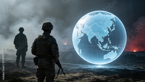 Soldier silhouette standing on battlefield looking at glowing holographic earth globe, military defense strategy and global security conflict concept art