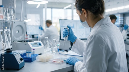 Female scientist in protective gear using multichannel pipette for DNA analysis, modern biotechnology research in pharmaceutical laboratory with centrifuge and microplates