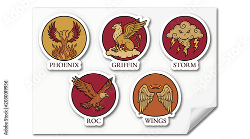 Mythical Creatures Emblem Set: A collection of five circular emblems featuring mythical creatures like a phoenix, griffin, roc, and a storm cloud, along with a pair of wings.