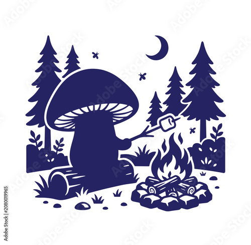 Cute mushroom character enjoying a campfire night in the forest illustration with mushroom campfire marshmallow character adventure roasting illustration wilderness