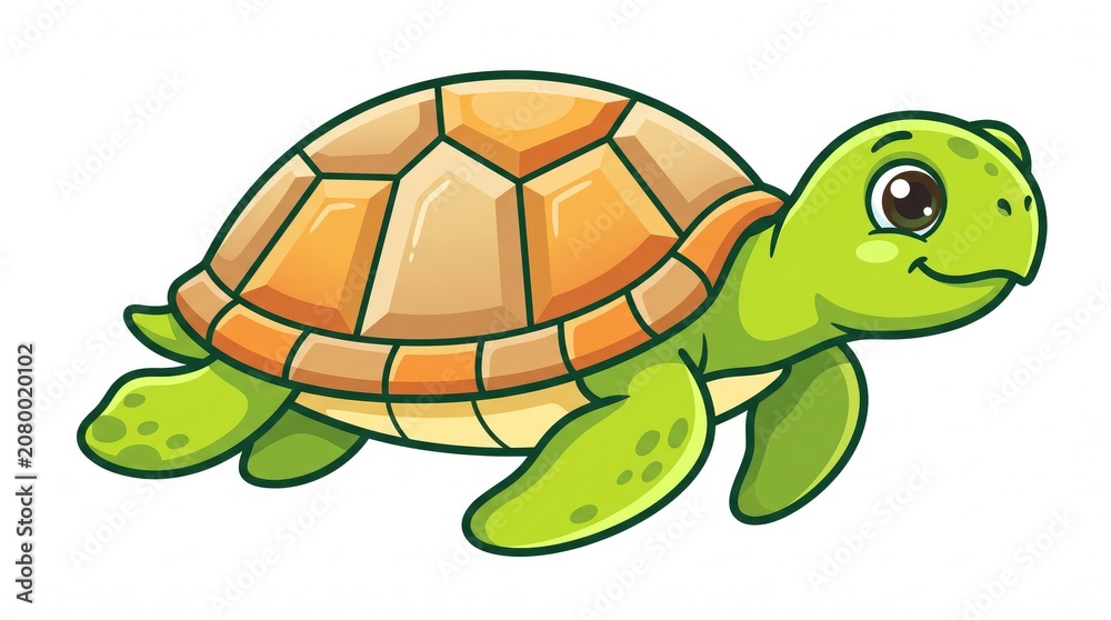 Obraz premium Smiling Cartoon Turtle Crawling on White Background in Bright Flat Design Style