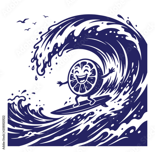 Fun citrus fruit character surfing big ocean wave with character surfboard tropical refreshing adventure vacation lifestyle recreation excitement