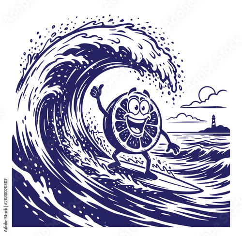 Cartoon orange slice character surfing on ocean wave illustration with character lighthouse recreation vacation tropical surfboard illustration lifestyle refreshing