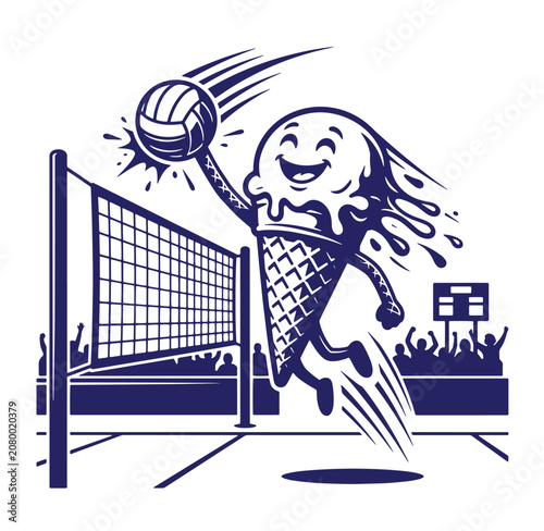 Ice cream cone character jumping to spike volleyball illustration with volleyball character competition recreation activity tournament exercise athletic