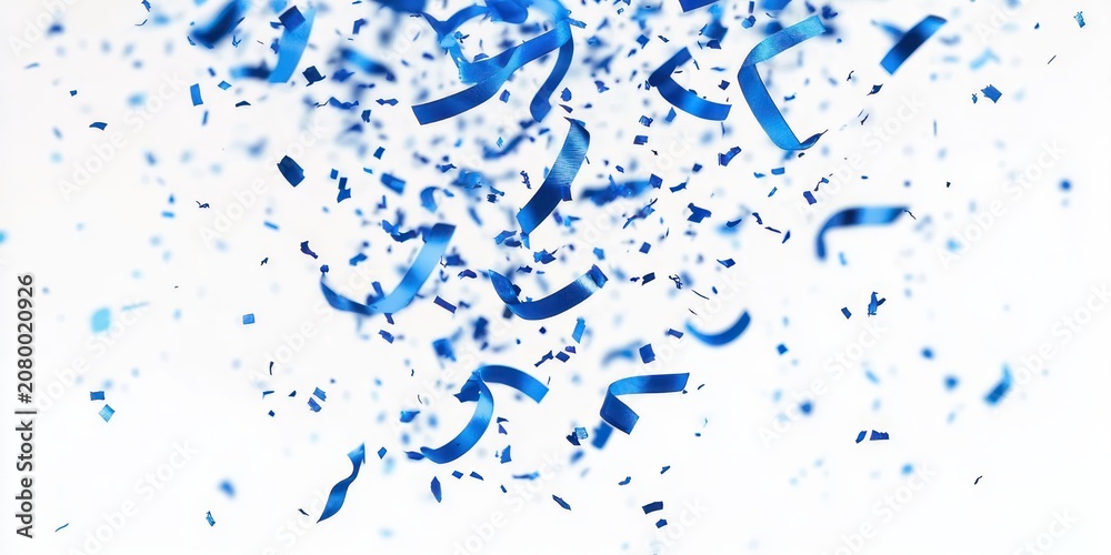Fototapeta premium blue confetti and curling ribbons cascading against a white background, creating a festive, energetic celebration and joyful mood