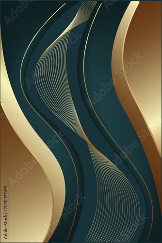 Elegant green abstract wave background with gold lines modern luxury design