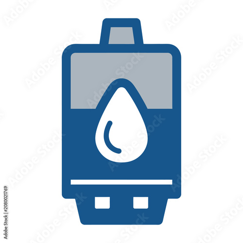Blue water filter icon with a single drop on front panel graphic design element
