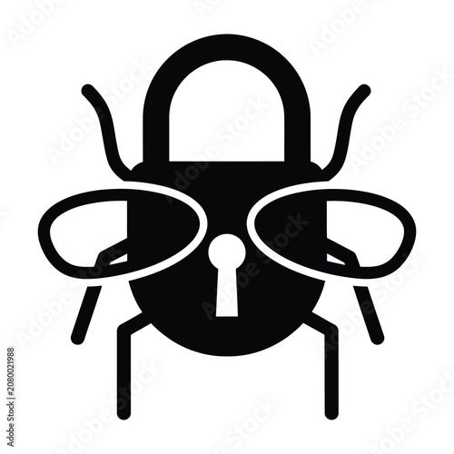 Black beetle with padlock and binoculars illustration symbol