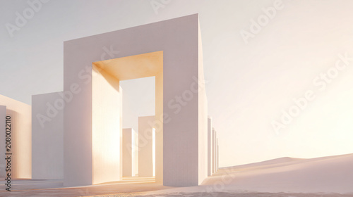 luxury architectural gateway in a pristine white desert, monumental geometric walls illuminated by warm sunrise light beams, endless perspective, premium real estate and hospitality branding
