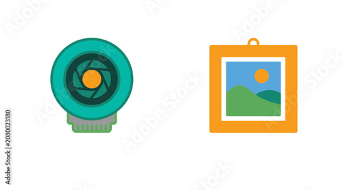 Graphic icon set featuring camera lens and landscape picture frame aperture landscape photography creative illustration interface collection artistic minimalist