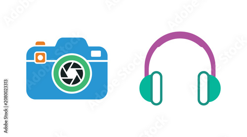 Multimedia icons of camera and headphones for creative content with headphones photography production multimedia creative technology listening equipment interface