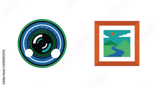 Graphic icon pair representing camera optics and nature photography with aperture landscape photography creative illustration minimalist shooting