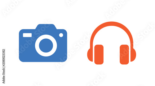 Camera and headphone icons representing photography and audio media with headphones photography technology recording listening equipment electronics multimedia pictogram
