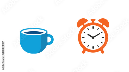 Coffee cup and alarm clock icons representing morning routine with caffeine breakfast schedule reminder beverage management