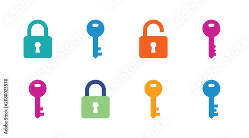 Set of flat security icons featuring padlocks and keys in bright colors security protection colorful collection password technology business computer identity