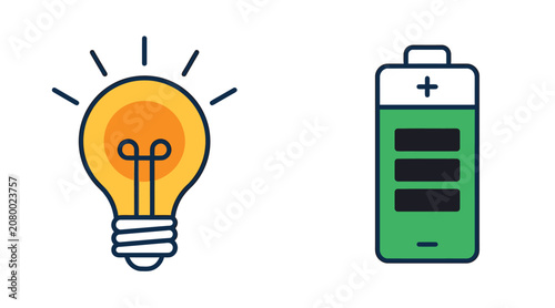 Glowing yellow light bulb emitting rays and a fully charged green battery icon representing power and ideas with green energy plus sign power supply electricity innovation