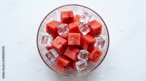 Refreshing chilled watermelon cubes with ice in a decorative glass bowl