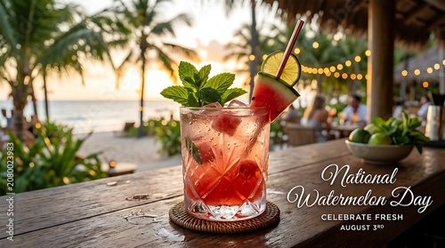 National watermelon day celebration cocktail at beach bar with watermelon