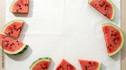 Frame of fresh watermelon slices on white surface for summer food background