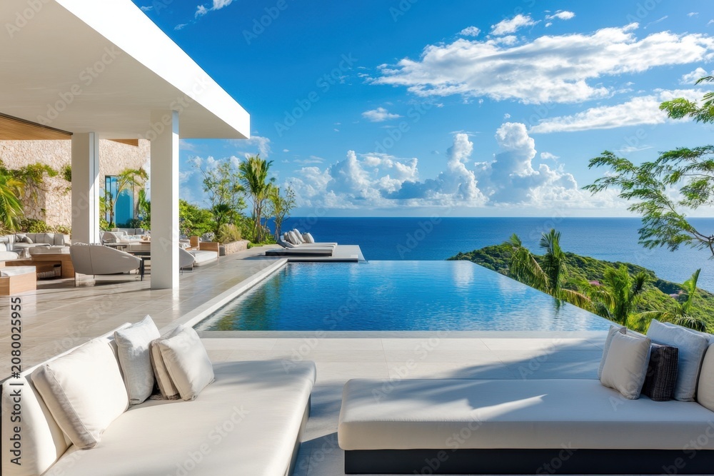 Fototapeta premium Contemporary vacation home infinity pool ocean view luxury villa coastal landscape modern terrace tropical garden blue sky outdoor lounge sea horizon