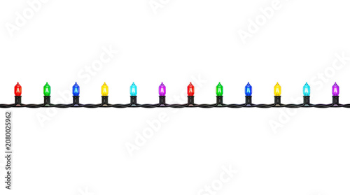 Colorful Christmas lights on black wire, festive holiday string lights in a straight line, vibrant multi-colored decorative fairy lights for winter celebration isolated PNG with Transparent