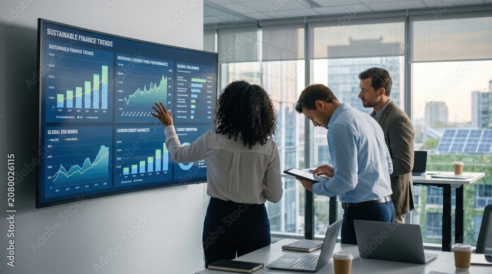Obraz premium Finance professionals reviewing sustainable finance trends on large wall screen, ESG investment analysis, global bond markets, carbon credit data, corporate sustainability metrics