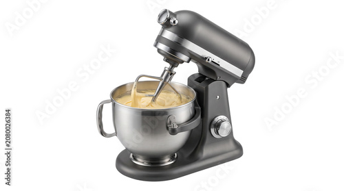 Professional matte black stand mixer with stainless steel bowl, electric kitchen food processor mixing cake batter, modern culinary appliance isolated PNG with Transparent Background