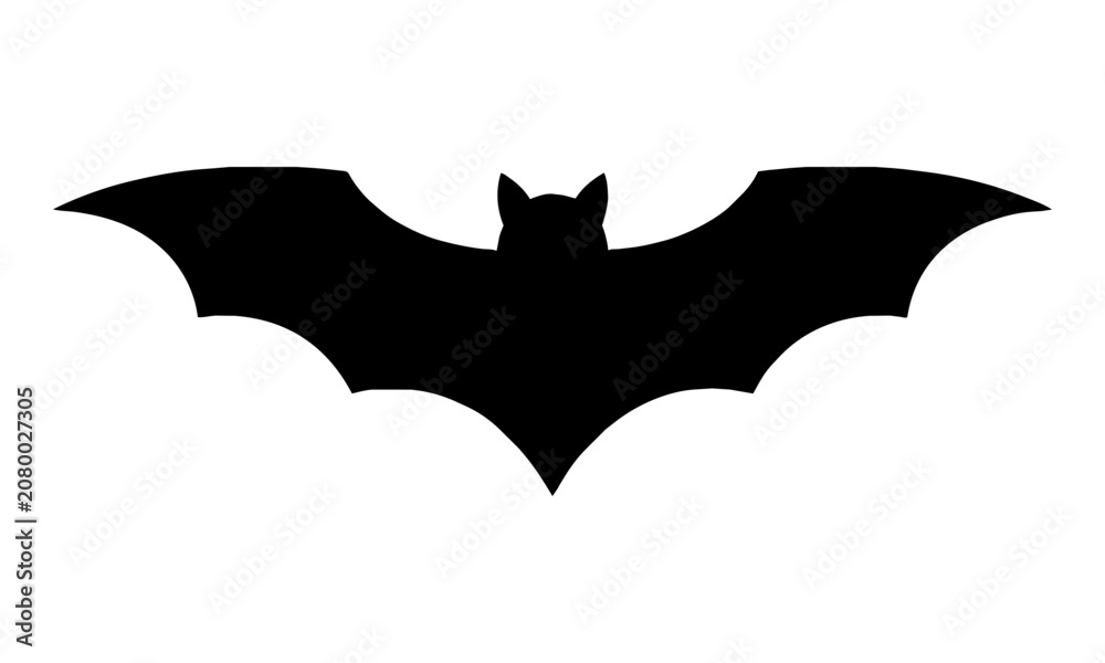 Fototapeta premium Minimalist silhouette of a flying bat with symmetrical outstretched wings in a clean iconic flat design isolated on a white background, Halloween animal concept