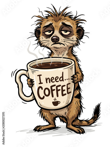 Funny Sleepy Meerkat Holding Coffee Mug Cartoon Character with Tired Expression Illustration