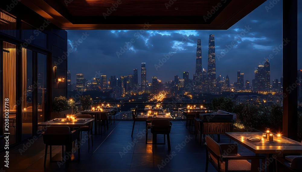 Fototapeta premium candlelit rooftop terrace with empty tables and chairs overlooking illuminated city skyline at serene moody blue-hour dusk