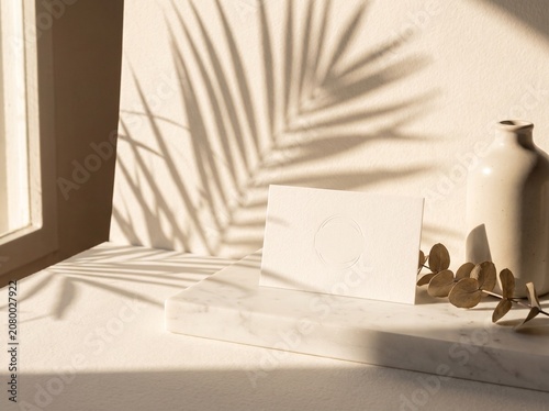 Tropical Palm Leaf Shadow Pattern on White Wall, Minimal Sunlight Background