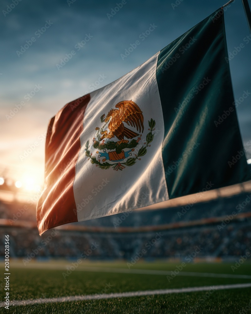 Obraz premium Mexico flag waves during a soccer game at a stadium filled with fans in the evening