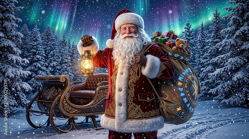 A portrait of Santa Claus standing in a magical winter wonderland at night.