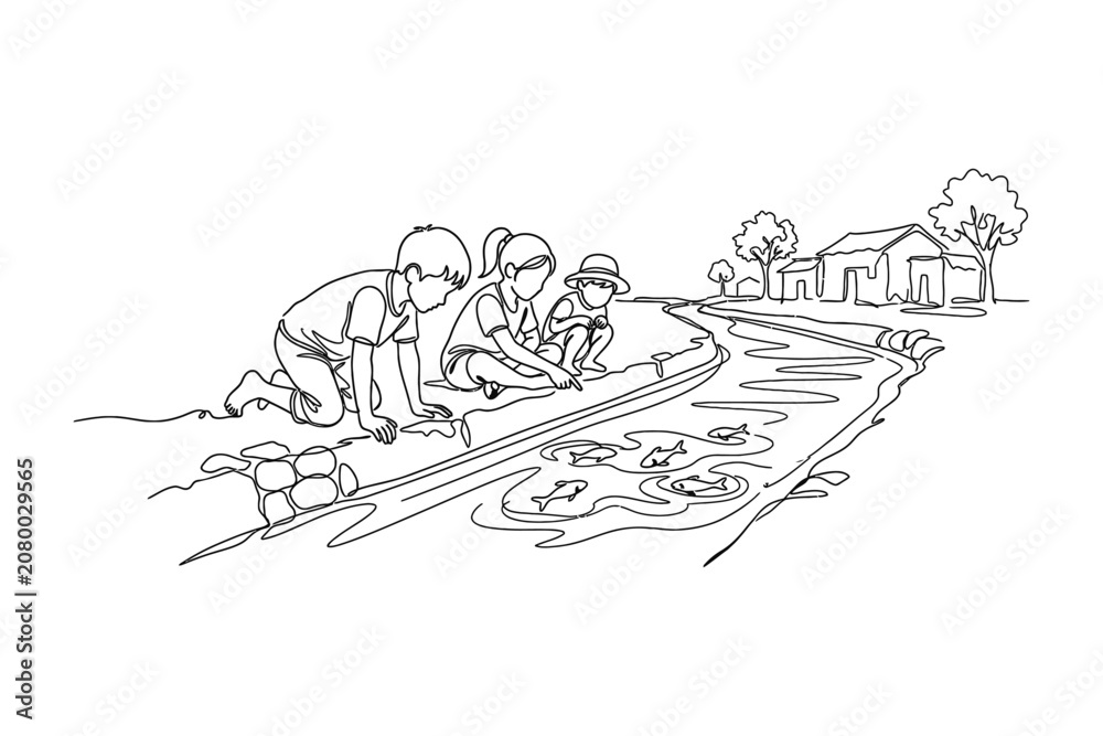 Obraz premium Three children kneeling by a stream observing fish in the water.