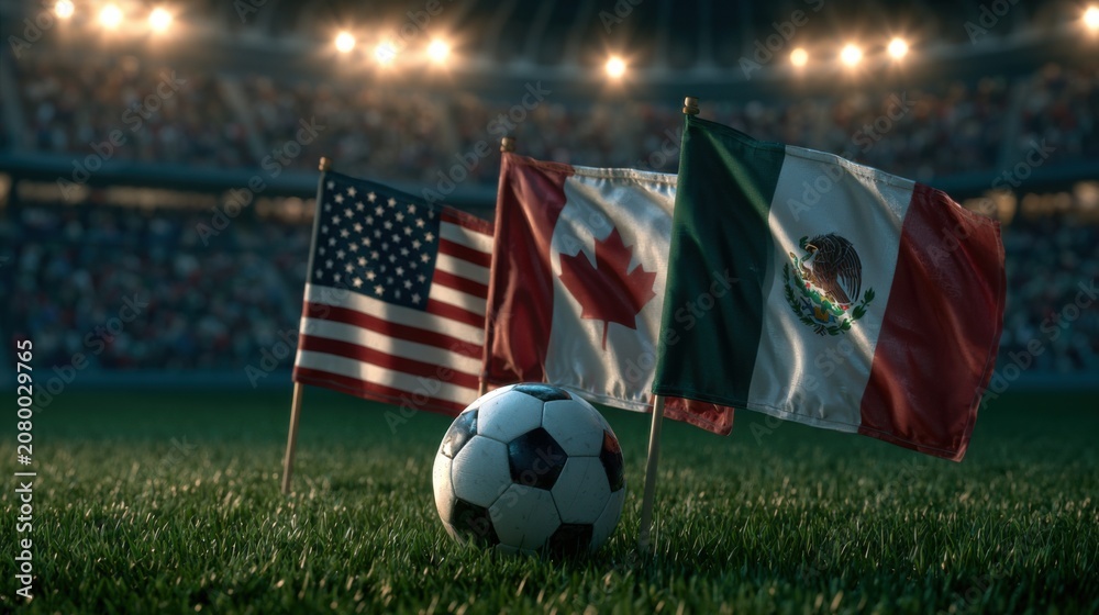 Naklejka premium Flags of the United States, Canada, and Mexico with a soccer ball on the field during a sports event in a stadium