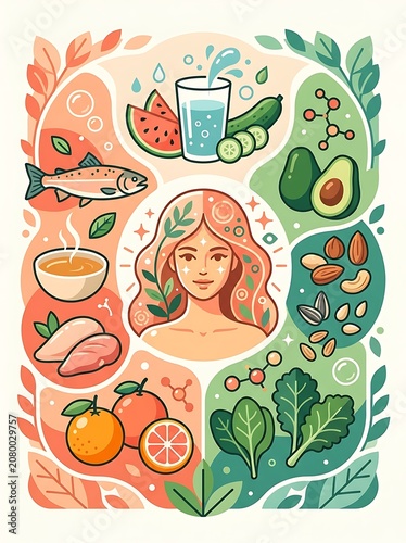 Healthy woman surrounded by nutritious foods and wellness icons