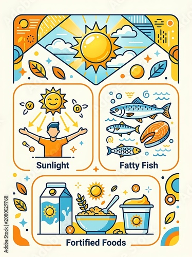 Vitamin d sources infographic with sunlight fish and fortified foods